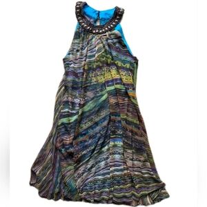 Vtg 1970s Muse Dress Retro Green Blue Gold Flowy Beaded Neck Size 2